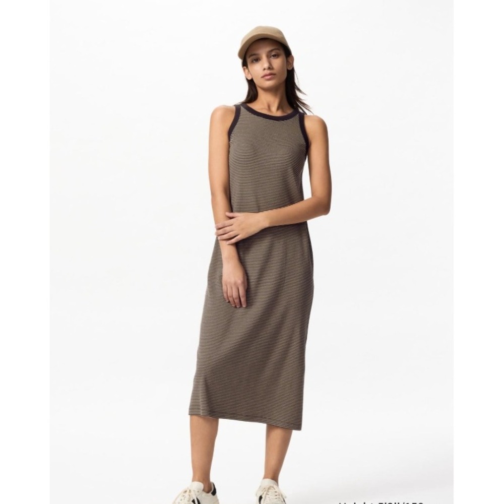 Uniqlo Ribbed Built in Bra Sleeveless Dress Brown Black Striped Midi Racerback M - Picture 2 of 10
